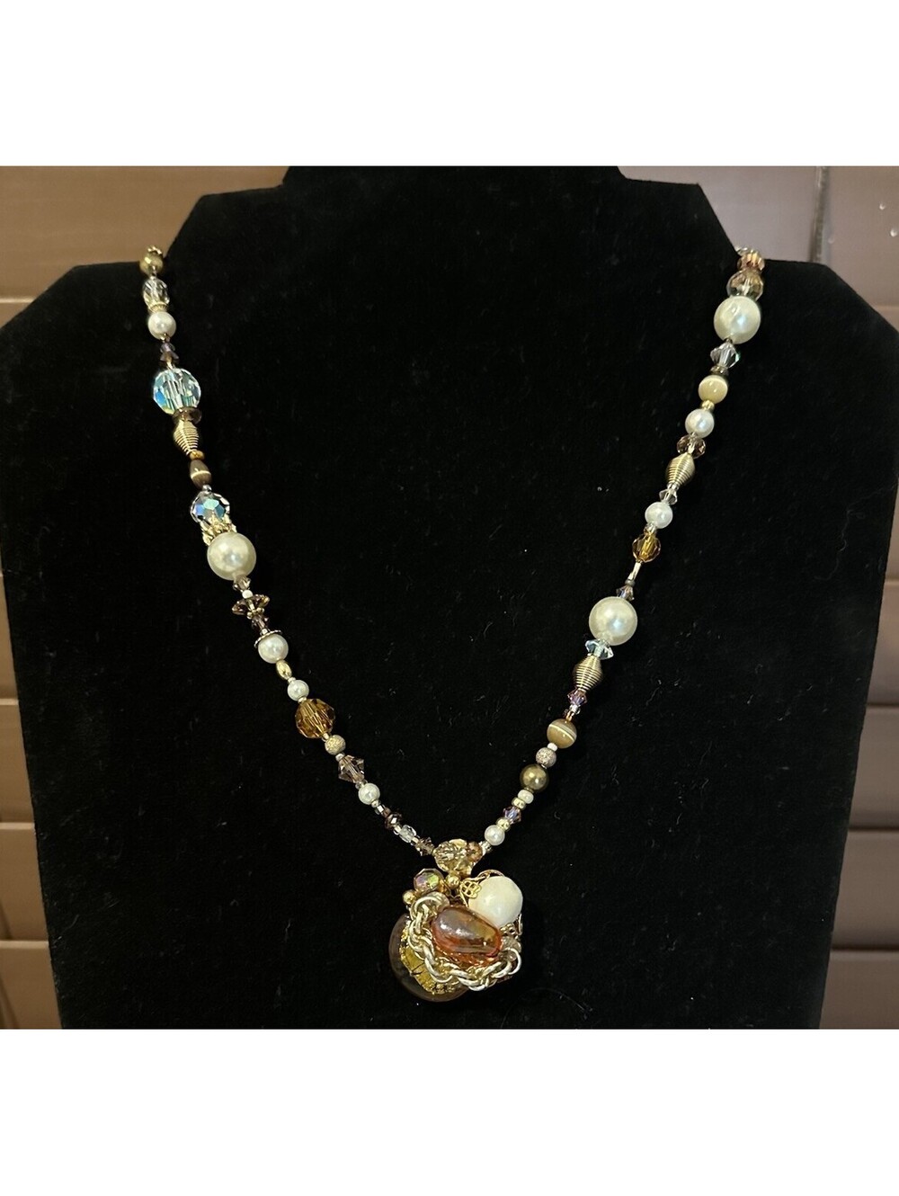 Mixed Bead Cluster Pendant Necklace Faux Pearl, Crystal, Metal Artisan Boho